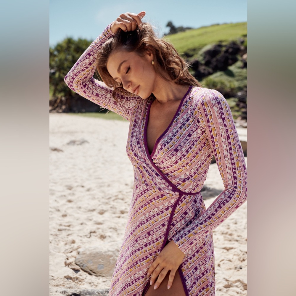Free People Printed Wrap Mini Dress Long Sleeve Purple Pink Size S